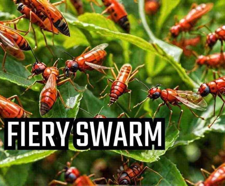 A swarm of red insects clustered together on tree branches, creating a bizarre and unsettling scene deep in the forest.