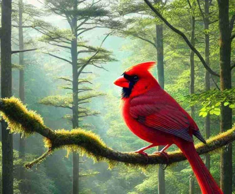 A bright red cardinal perched high in a berry tree, surveying the area with keen interest.