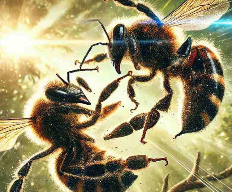A wild battle between bees taking place in the treetops, with buzzing and flying heard everywhere.