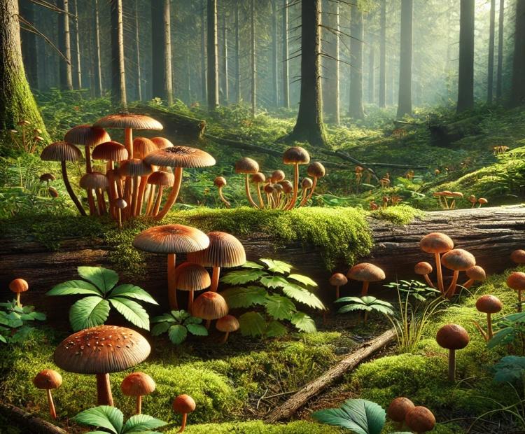 Photorealistic nature scene of mushrooms growing in a tranquil forest setting