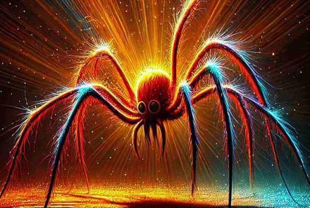 A close-up image of a large, terrifying spider species clinging to a tree branch in a dense forest.